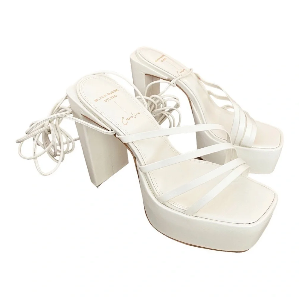 NEW Black Suede Studio Cream Platform Heels Sasha Sandals Wrap Ankle Tie Size 38
